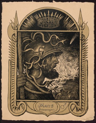„Mars Jahrersregent“. Mars jako vládce roku. Návrhy pro „Věčný obrazový kalendář“, část II (Immerwährender Bilderkalender) od Hans Thoma