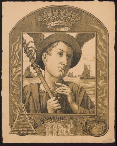 „Merkur Jahrers Regent“. Merkur jako vládce roku. Návrhy pro „Věčný obrazový kalendář“, část II, 1901 (Immerwährender Bilderkalender) od Hans Thoma