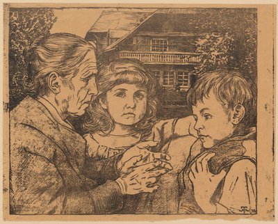 Stará žena vyprávějící pohádky dvěma dětem před černoleským domem od Hans Thoma