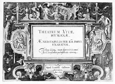 Titulní list pro „Theatrum Vitae Humanae“, vyrytý Johannesem Wierixem (1549-c.1618), přetištěný v roce 1638 od Hans or Jan Vredeman de Vries
