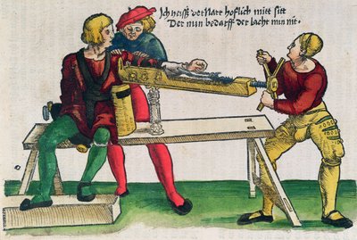 Přístroj na hojení zlomenin paže, ilustrace z „Feldtbuch der Wundartzney“ od Hanse von Gersdorffa, kolem roku 1540 (barevný dřevoryt) od Hans or Johannes Ulrich Wechtlin