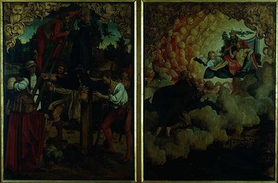 Příběhy svatého Petra a Pavla oltářní obraz: detail zobrazující ukřižování svatého Petra, svatý Pavel vystupující do nebe (olej na desce) (detail) od Hans von Klumbach