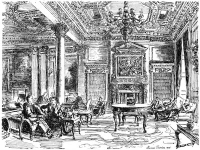 The Members Lounge, klubovna RAC, Pall Mall, Londýn, 1946 od Hanslip Fletcher