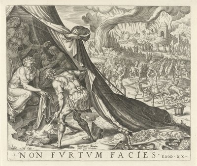 Achan pohřbí kořist ve svém stanu Nebudeš krást Desatero přikázání (název série) od Harmen Jansz Muller