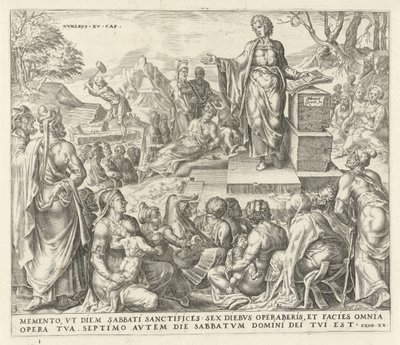 Člověk sbírá dřevo o sabatu Pamatujte na den sabatu Desatero přikázání (název série) od Harmen Jansz Muller