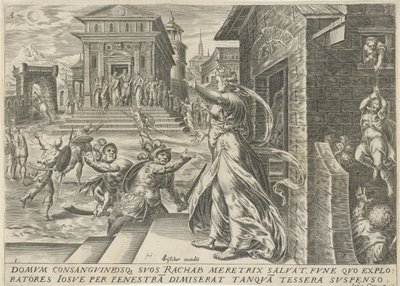 Rahab nechá špiony uniknout oknem The History of Joshua (název série) od Harmen Jansz Muller