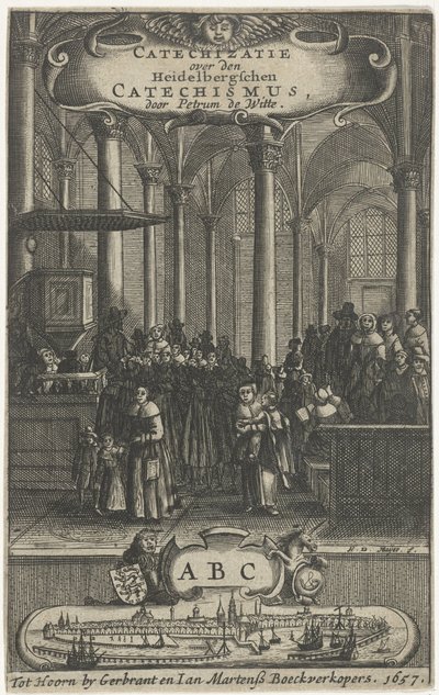 Interiér kostela Titulní strana pro: P. de Witte, Katechizace o katechismu Heidelbergschen, 1657 od Harmen de Mayer