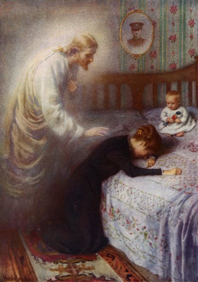 Kristus Utěšitel: Ježíš utěšující truchlící britskou válečnou vdovu (barva litho) od Harold Copping