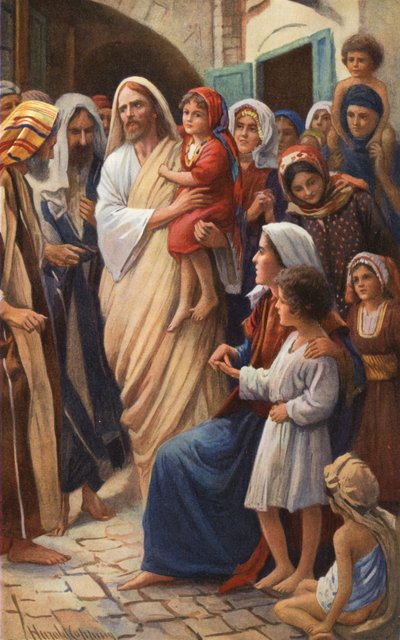 Ježíš žehná malým dětem (barevná litografie) od Harold Copping
