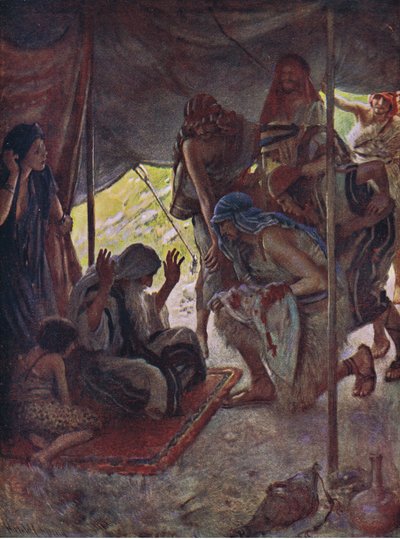 Josephův kabát přinesený Jacobovi, ilustrace ze série Pictures That Teach The Crown Series, 1920 od Harold Copping