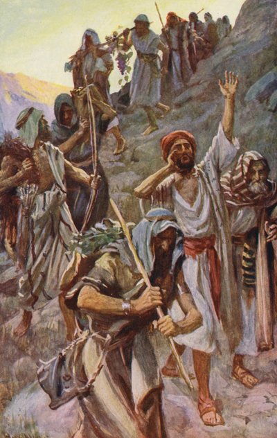 Starý zákon: (barevná litografie): "Země oplývající mlékem a strdím" (barevná litografie) od Harold Copping
