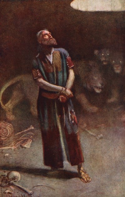 Starý zákon: Daniel v jámě lvové (barevná litografie) od Harold Copping