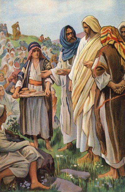 Zázrak s chleby a rybami (barevná litografie) od Harold Copping