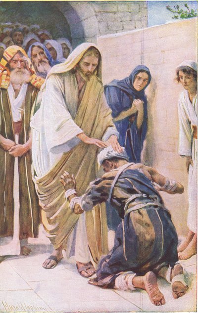 Uzdravení malomocného, ilustrace z Harold Copping Pictures: The Crown Series, cca 20. léta od Harold Copping
