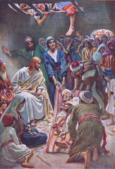 Muž spadl střechou, ilustrace z Harold Copping Pictures: The Crown Series, cca 20. léta od Harold Copping