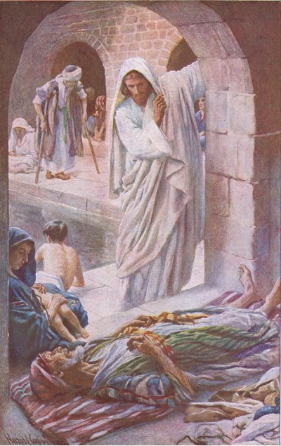 Tůň v Bethesdě, ilustrace zHarold Copping Pictures: The Crown Series, cca 20. léta 20. století od Harold Copping