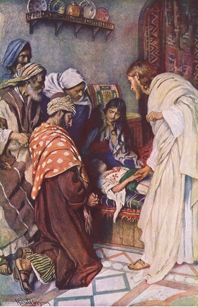 Výchova Jairovy dcery, ilustrace z Harold Copping Pictures: The Crown Series, cca 20. léta od Harold Copping