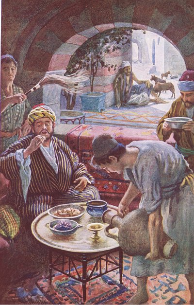 Bohatý muž a Lazarus, ilustrace z Harold Copping Pictures: The Crown Series, kolem 20. let 20. století od Harold Copping