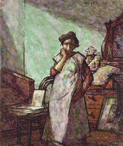 Interiér s paní Mounterovou v overalu, 1. prosince 1918 od Harold Gilman