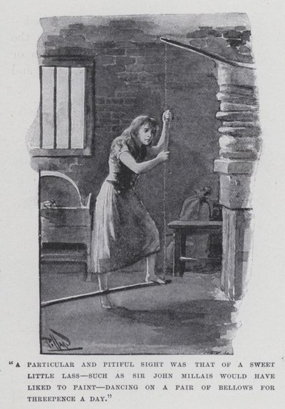 "Zvláštní a žalostný pohled byl pohled na milou malou dívku, jakou by sir John Millais rád namaloval, jak tančí na měchu za tři pence denně" (černobílá fotografie) od Harold Hume Piffard
