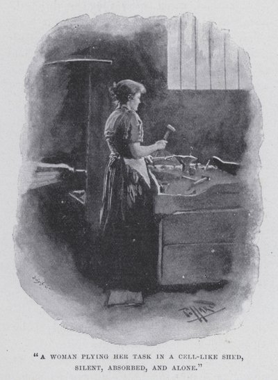 "Žena plnící svůj úkol v kůlně podobné cele, tichá, pohlcená a sama" (černobílá fotografie) od Harold Hume Piffard