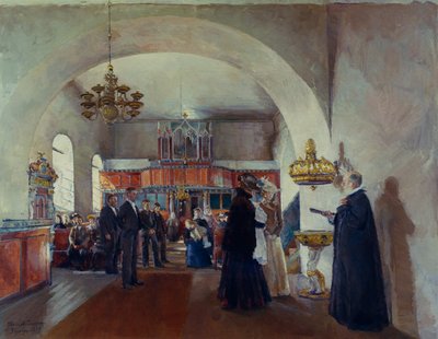 Křtiny v kostele Stange od Harriet Backer