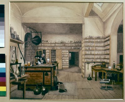 Michael Faraday při práci ve své laboratoři v Královském institutu od Harriet Jane Moore