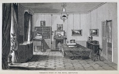 Studie Michaela Faradaye ve druhém patře v The Royal Institution, z knihy Henryho Bence Jonese „The Life and Letters of Faraday“, publikované 1870, 1869 (viz 137594) od Harriet Jane Moore
