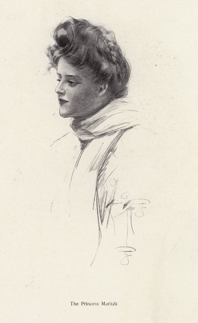 Postava, hraběnka Frina Mavrodin z románu Princezna Moritza od Percyho Brebnera (litho) od Harrison Fisher