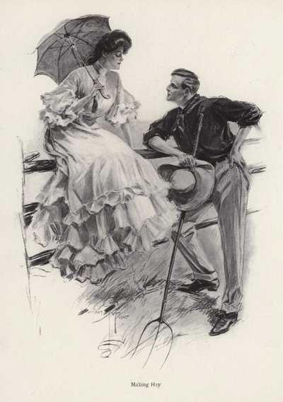 Farmář se zastaví ve své práci, aby flirtoval s mladou ženou (litho) od Harrison Fisher