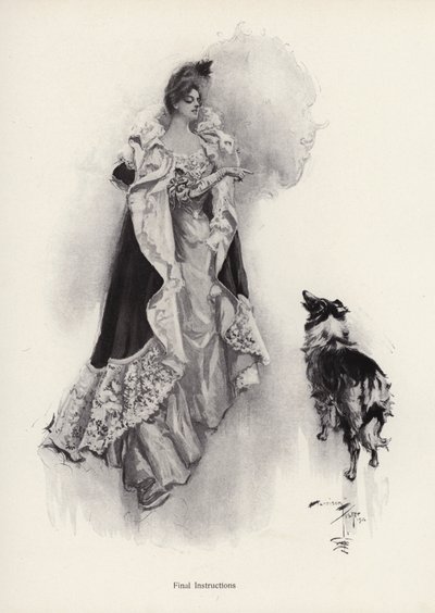 Mladá žena, která jde na večer ven a přikazuje svému psovi, aby poslouchal pokyny (litho) od Harrison Fisher