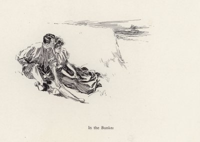Pár v romantickém objetí v bunkru na golfovém hřišti (litho) od Harrison Fisher