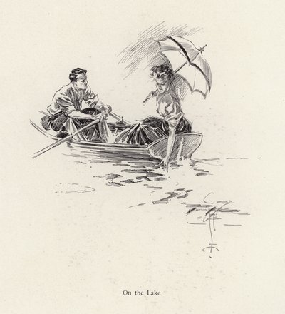 Muž a žena ve veslici na jezeře (litho) od Harrison Fisher