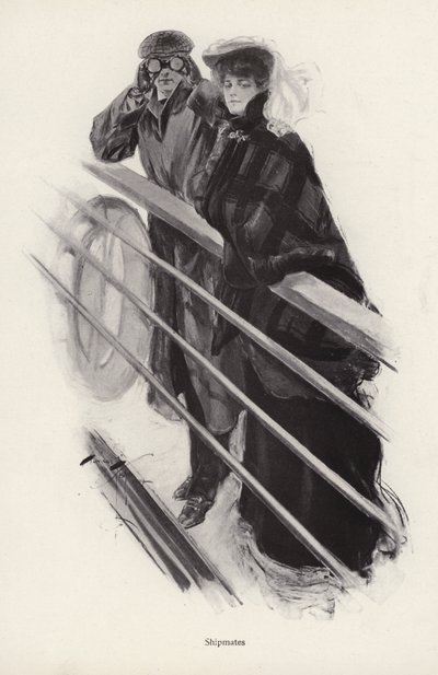 Muž a žena hledí přes zábradlí lodi (litho) od Harrison Fisher