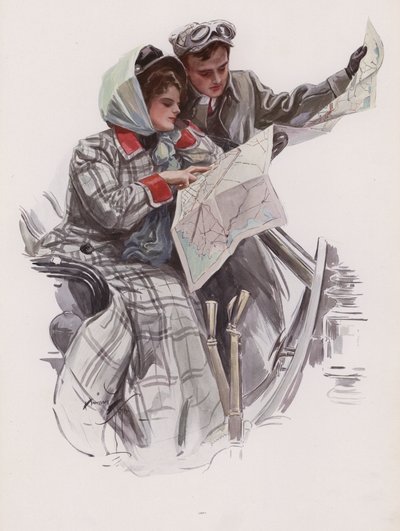 Muž a žena čtoucí mapu v autě (barva litho) od Harrison Fisher