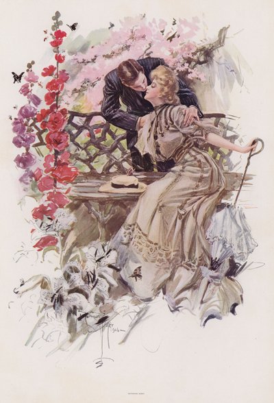 Muž líbá ženu v zahradě (barva litho) od Harrison Fisher
