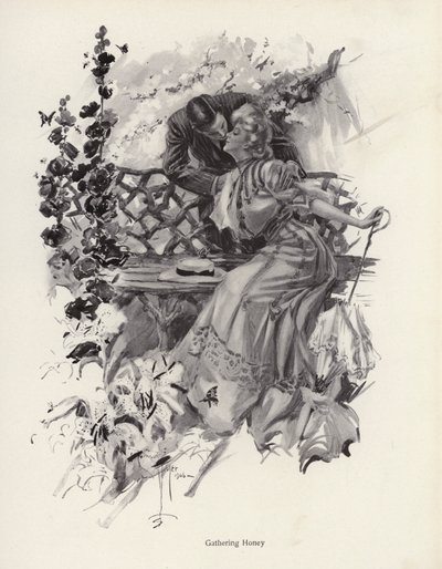 Muž líbá ženu v zahradě (litho) od Harrison Fisher