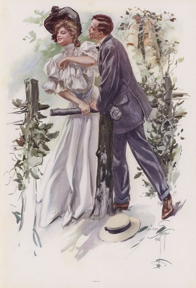Muž se snaží ukrást polibek mladé ženě (barva litho) od Harrison Fisher