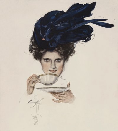 Portrét ženy v luxusním klobouku pijící čaj (barva litho) od Harrison Fisher