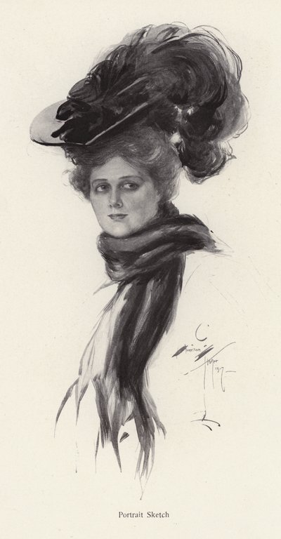 Portrét ženy ve velkém klobouku (litho) od Harrison Fisher