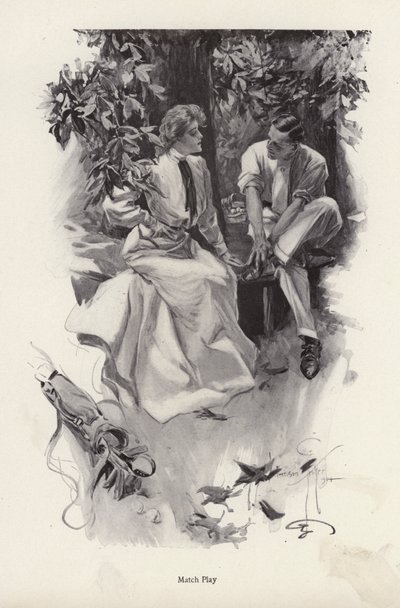 Romantický pár odpočívající od hry golfu (litho) od Harrison Fisher