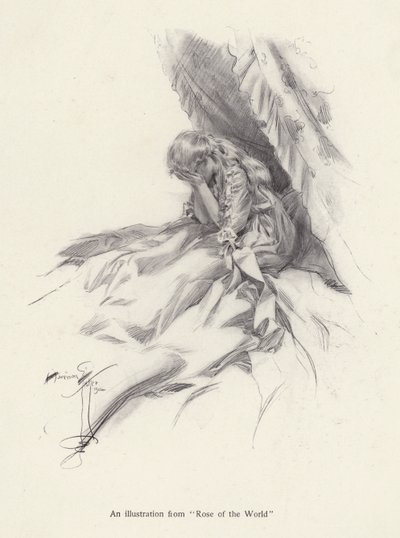 Rosamond English, postava z Rose of the World, román od Egerton Castle (litho) od Harrison Fisher