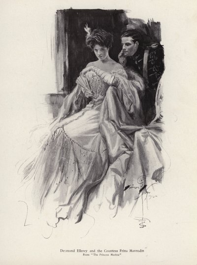 Dvě postavy, Desmond Ellery a hraběnka Frina Mavrodin z románu Princezna Moritza od Percyho Brebnera (litho) od Harrison Fisher