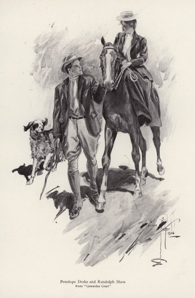 Dvě postavy, Penelope Drake a Randolph Shaw z románu Soud zbabělosti od George Barra McCutcheona (litho) od Harrison Fisher