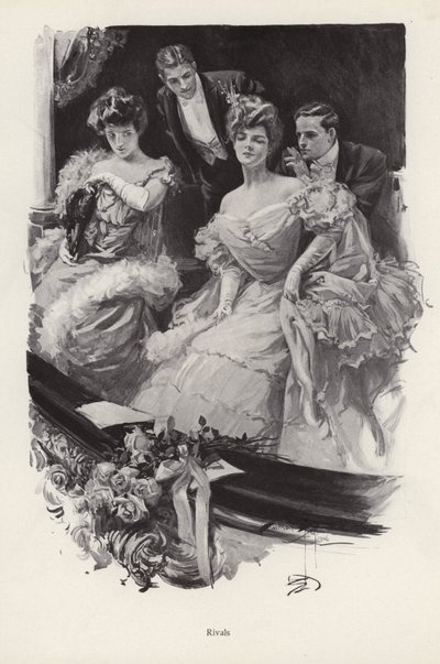 Dvě ženy v lóži v divadle spolu soutěží o mužskou pozornost (litho) od Harrison Fisher