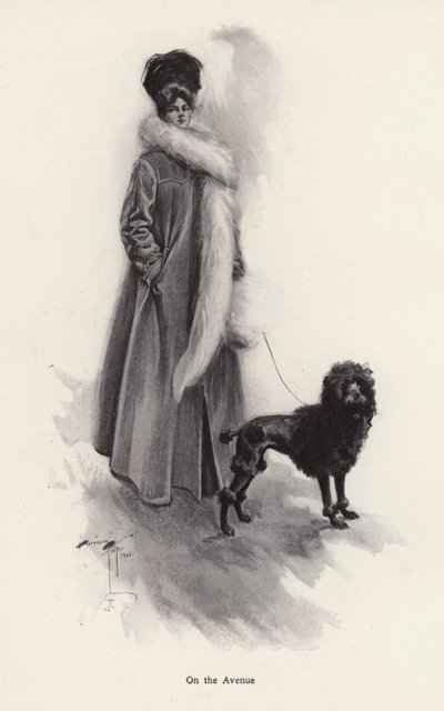 Žena v dlouhém kabátě s pudlem (litho) od Harrison Fisher