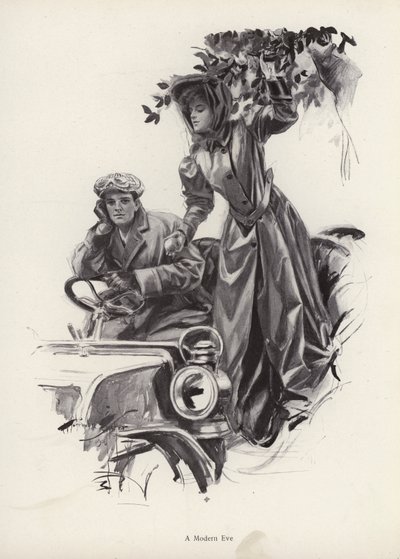 Žena trhající jablka z auta (litho) od Harrison Fisher