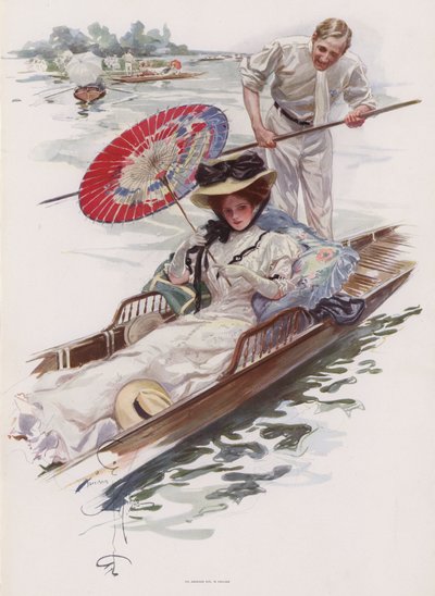 Mladá Američanka si užívá jízdu na pramici po anglické řece (barva litho) od Harrison Fisher