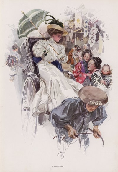 Mladá Američanka jedoucí v japonské rikše (barva litho) od Harrison Fisher
