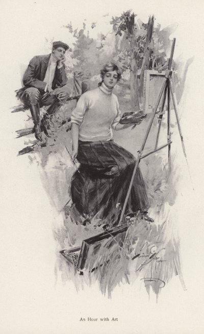 Mladá umělkyně maluje na venkově, zatímco se mladý muž dívá (litho) od Harrison Fisher